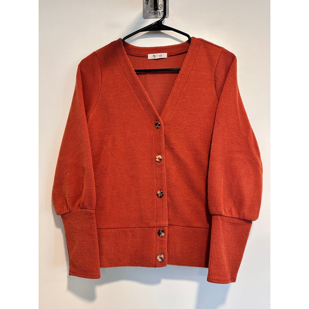 Madewell Cardigan Boho Sz:XXS Rust Orange Ribbed Balloon Sleeve flower button